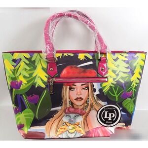 La Philipe Miami Tote Bag Pink Patent Trim Tropical Graphic Print NWT